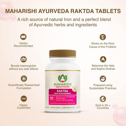 Zephivo Maharishi Ayurveda Raktda Iron Management Tablets For Men&Women | Ayurvedic Iron Supplement With Vitamin C&Calcium | Maintains Haemoglobin Levels | Boosts Energy | Improves Skin&Hair Health | 60 Tablets
