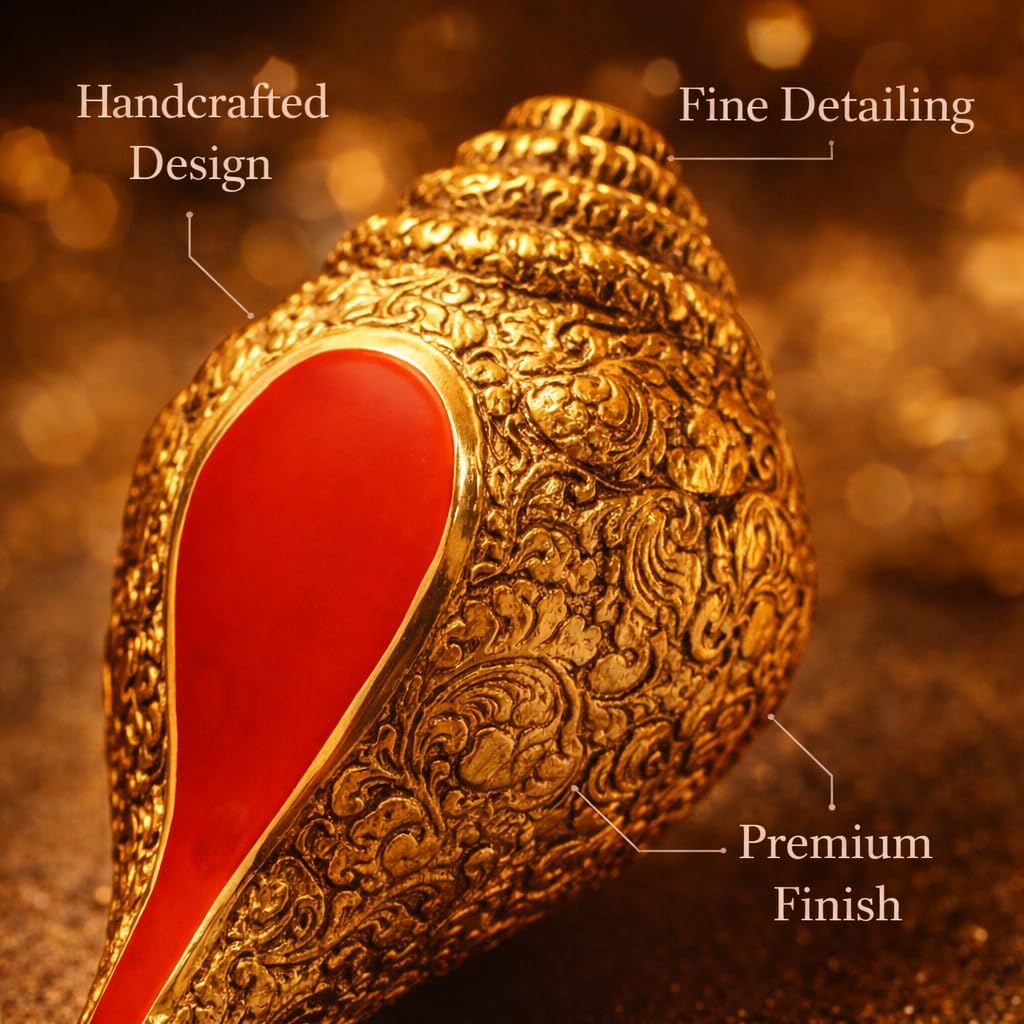 Kalakriti Metal Shankh Showpiece | Antique Gold Plated Carved Conch for Pooja Temple Vastu | Decorative Sankh for Home Décor | Auspicious Diwali Religious Gift (1 Pc)