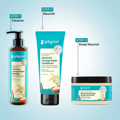 Pilgrim Korean Rice Water & Collagen Advanced Damage Repair Shampoo - 200ml | with 17 Amino Acids, Wheat Protein & 5 Ceramides | Paraben-Free | For Dry & Damaged Hair | For Women and Men