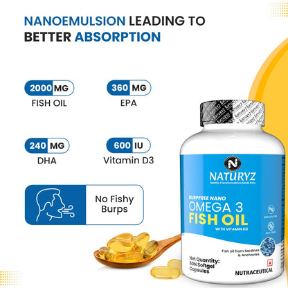 Naturyz Omega 3 Fish Oil supplement bottle with nutritional information on a white background