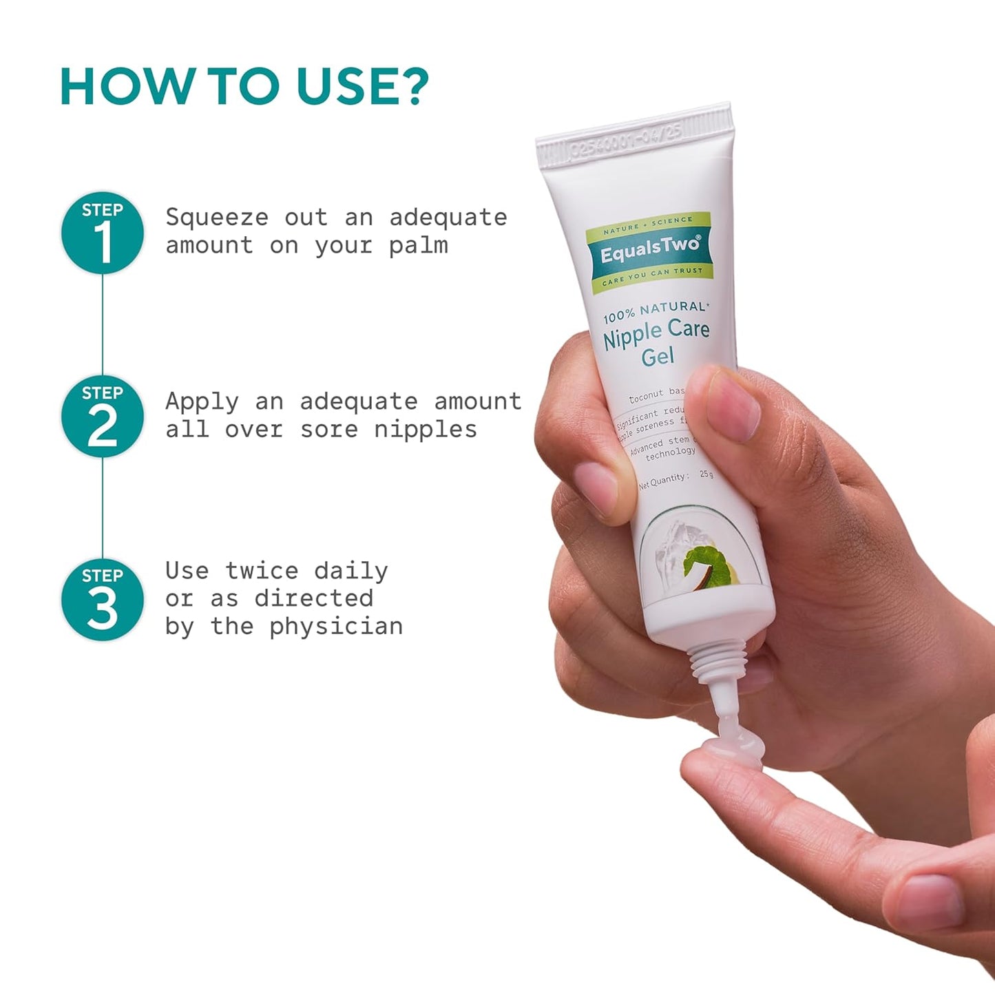 EQUALSTWO by Zydus Nipple Care Gel for Cracked & Sore Nipples, 25gm, 100% Natural Soothing Nipple Gel Cream for Breastfeeding & New Mom, Hypoallergenic, Dermatologically Tested, Pack 1