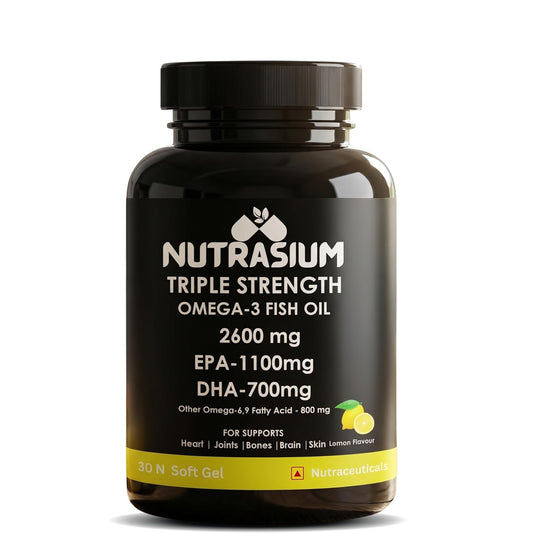 Nutrasium | Triple Strenght Omega-3 Fish Oil 2600 mg Per Serving | For Supports Heart, Brain, Eye, Joints, Skin, and Bone Health| 30 softgel Capsules.