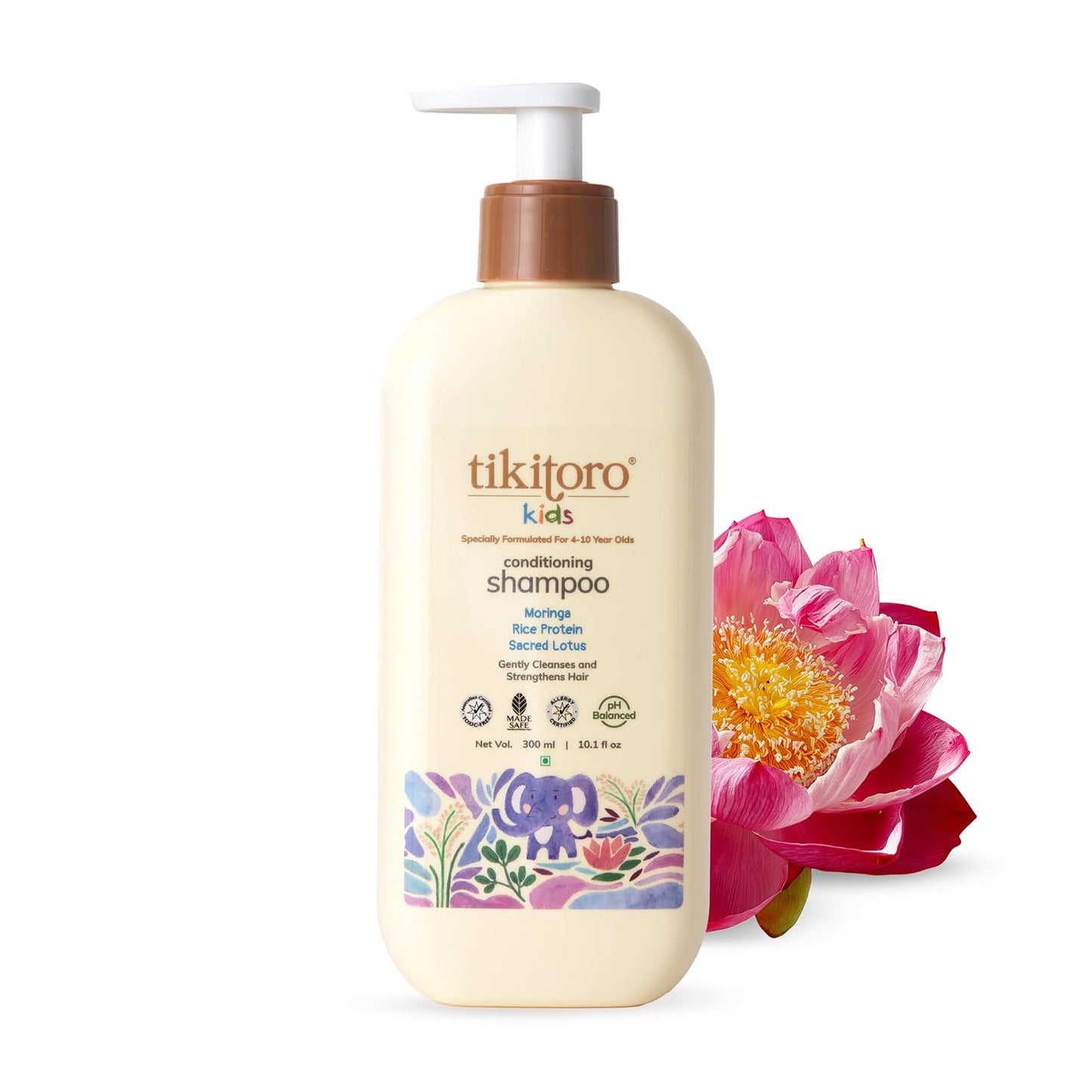 Tikitoro Kids Conditioning Shampoo for 4-10 years | pH 5.5 & Allergen-Free | Moringa, Rice Protein, Sacred Lotus Extract | No Parabens or Sulfates | 100% Vegan (300ml x 1)
