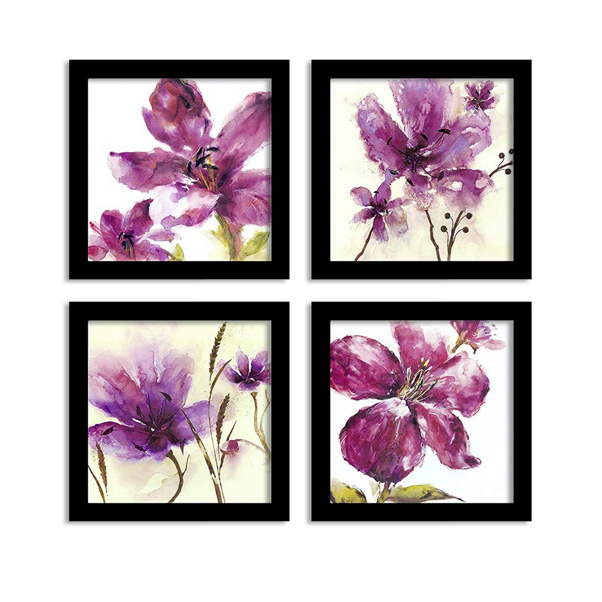 Purple Flower wall art Painting for living room, Botanical floral Framed painting, set of 4, 9x9 Inch