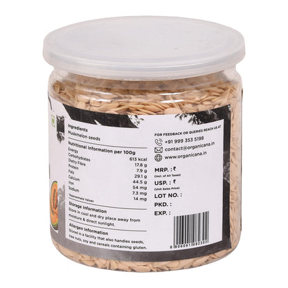 Organicana Natural Muskmelon Seeds (Pack of 1) | Kharbooj Magaj | Kharbhuja Beej for Eating | High in Protein, Potassium, Magnesium & Iron | Immunity Booster Superfood | Healthy Snack, Topping and Cooking Use