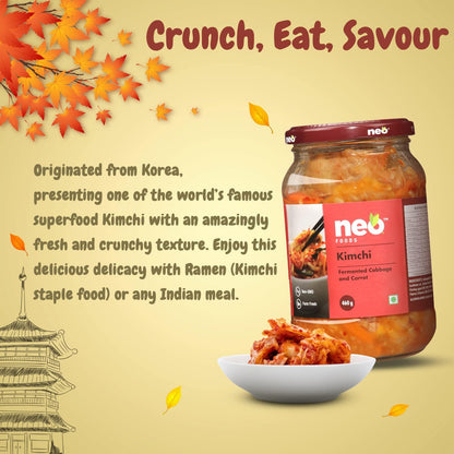 Neo Kimchi I Fermented Indian Cabbage & Carrot 460g I 100% Plant Based I Made in India I Ready to Eat Pickle I Healthy Food I Enjoy with Ramen Noodles, Kimchi Noodle, Korean Rice & Snacks I Probiotic-Rich Side Dish I 460g