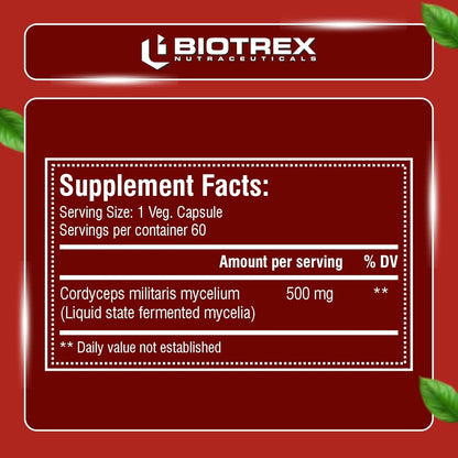 Biotrex Nutraceuticals Cordyceps 500mg | Endurance & Energy Booster | Supports Immune Function | Healthy Brain Function | Overall Wellbeing | 60 Veg Capsules