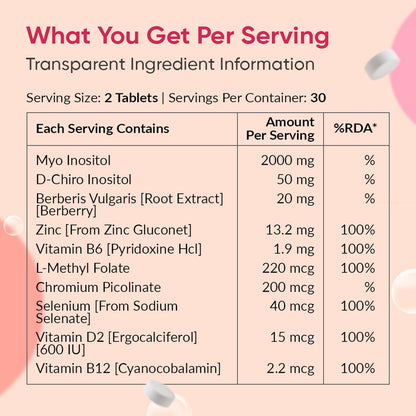 Nutritional supplement label with ingredients and their amounts per serving on a pink background.