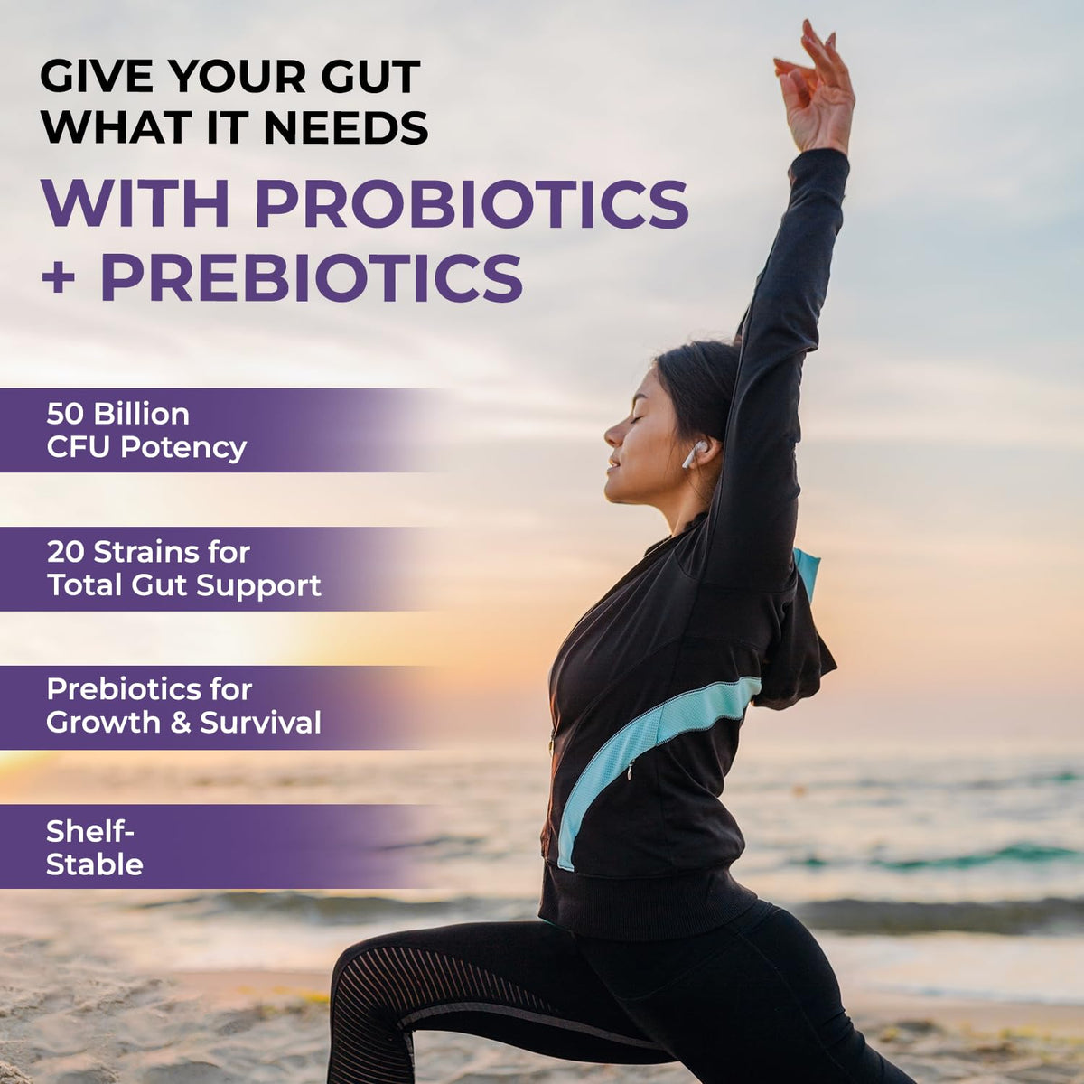Woman exercising on a beach with promotional text about probiotics and prebiotics.