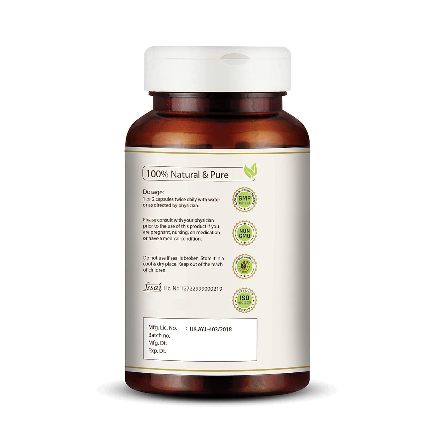 Brown supplement bottle with white label on a white background