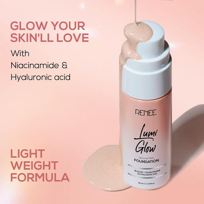 RENEE Lumi Glow Highlighting Liquid Foundation - Silk Cocoa | Dewy Finish, Buildable Coverage & 3D Glow | Hydrates & Smoothens For Luminous Skin | With Hyaluronic acid & Niacinamide | 30ml