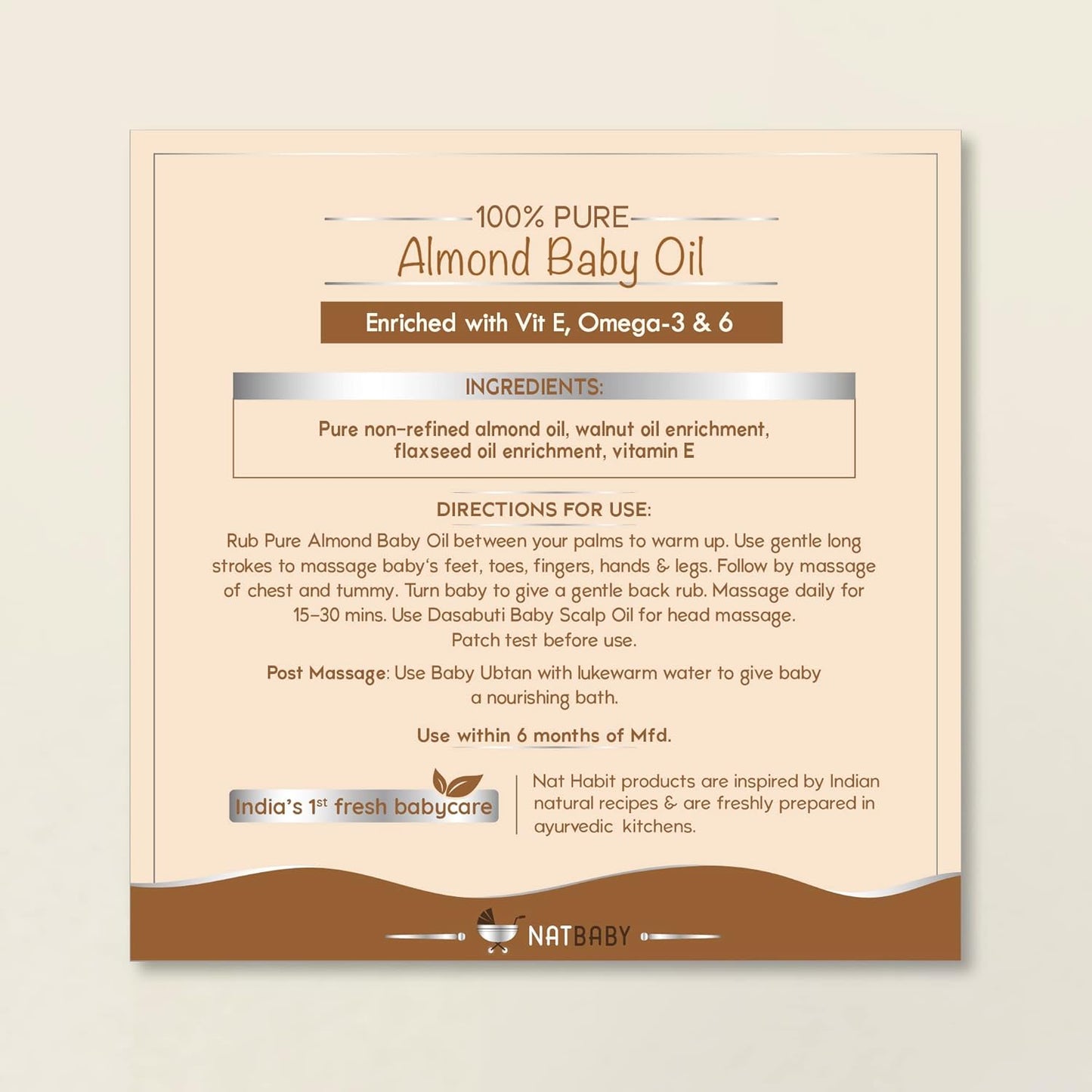Nat Habit 100% Pure Almond Baby Oil For Baby Skin & Hair, Enriched With Vit E & Omega-3, 6 Non-Refined, LLP Free, Chemical & Preservative Free - 100 ml
