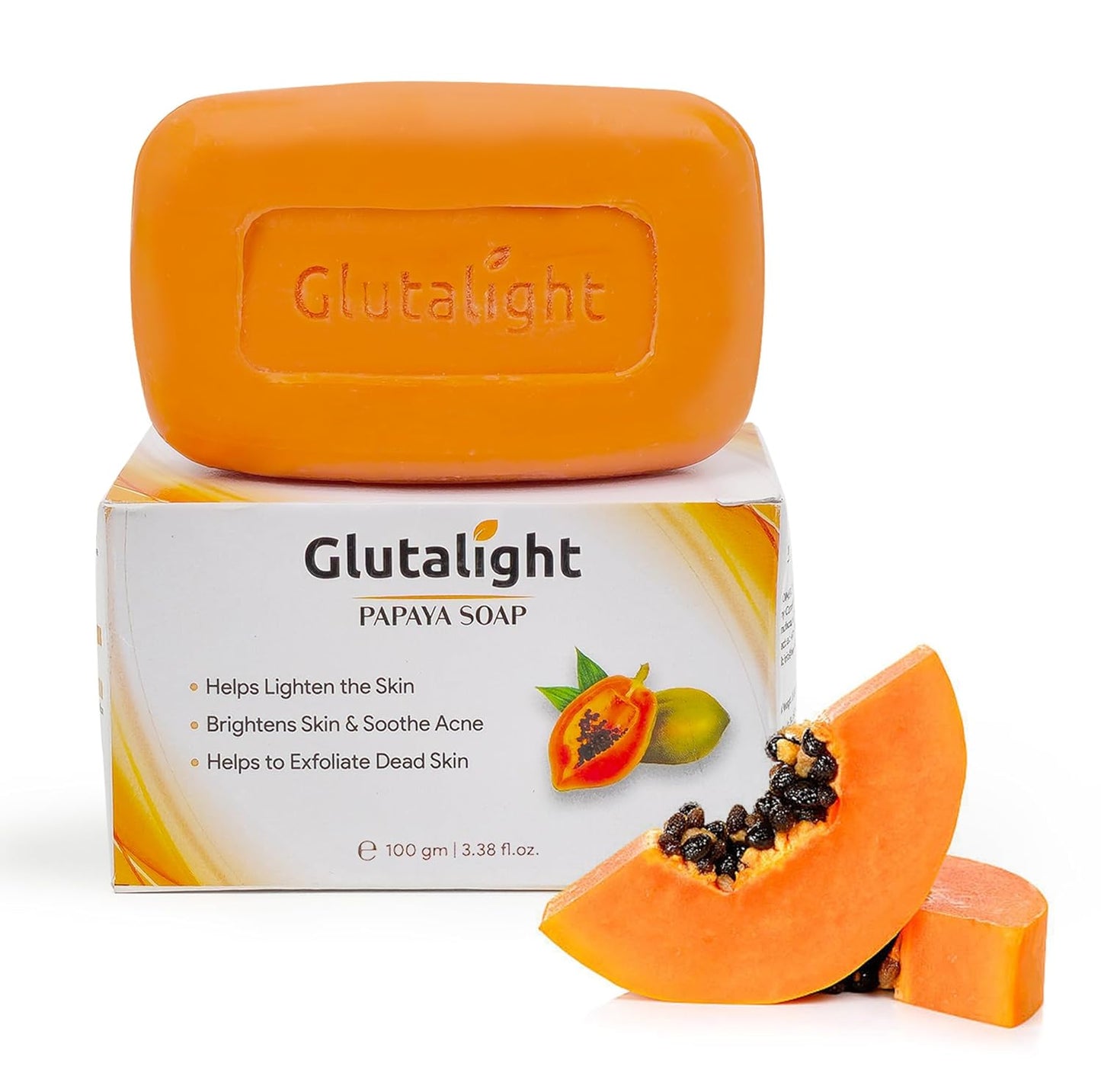 Glutalight Papaya Soap with packaging and a slice of papaya on a white background
