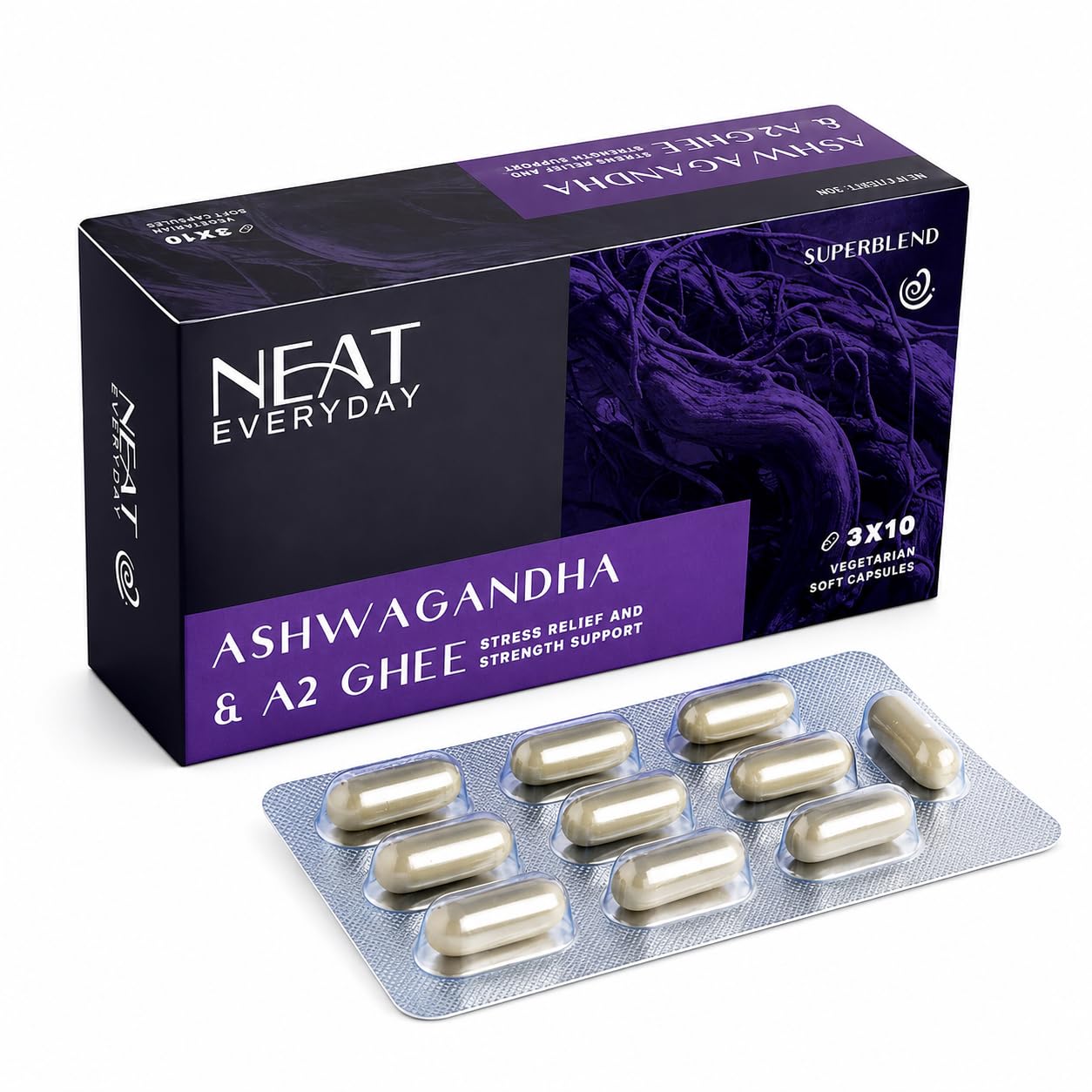 Neat Everyday Ashwagandha & A2 Ghee Capsules | Adaptogen Superblend with Shatavari & Gokshura | Ayurvedic Supplement for Stress Relief, Anxiety, Sleep & Stamina | For Men & Women | 30 Capsules