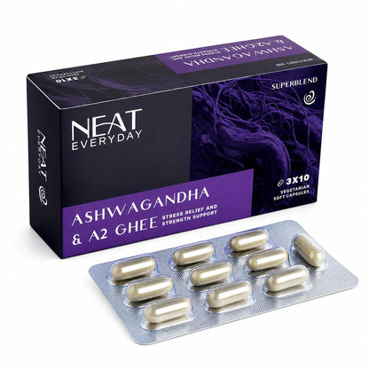 Neat Everyday Ashwagandha & A2 Ghee Capsules | Adaptogen Superblend with Shatavari & Gokshura | Ayurvedic Supplement for Stress Relief, Anxiety, Sleep & Stamina | For Men & Women | 30 Capsules