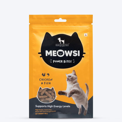 Meowsi by HUFT Power Bites Cat Treats - Chicken & Fish - 50 gm | Treats for Kittens & Adult Cats | for Persian Cat & All Breeds | Tempting Bites for Cats