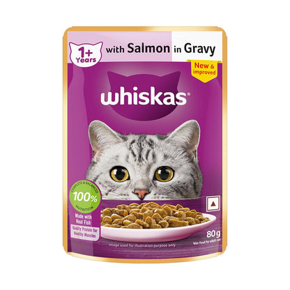 Whiskas Adult (1+ Years) Wet Cat Food, Salmon in Gravy, 80 g Hydrating Food Made With Real Fish, 100% Complete & Balanced Nutrition for Adult Cats