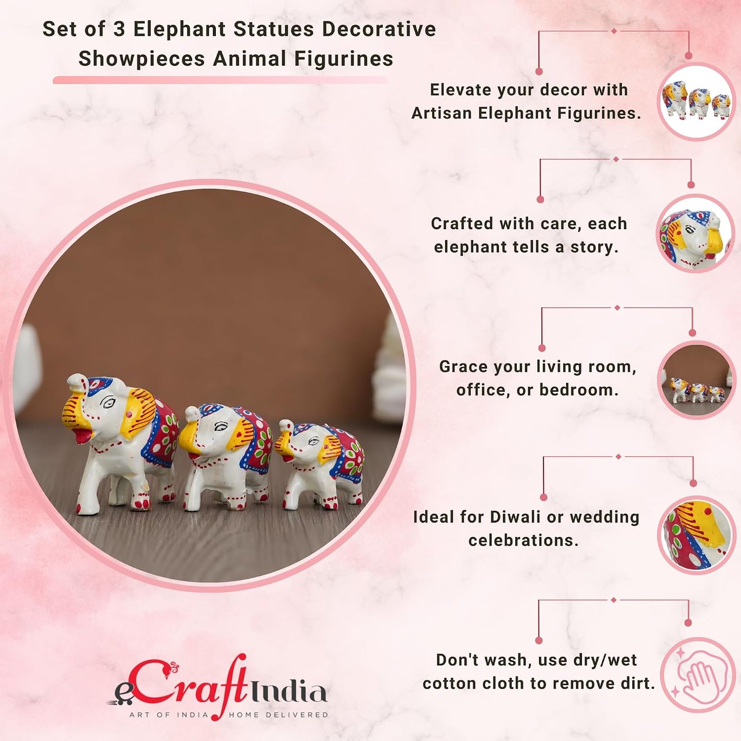 eCraftIndia Set of 3 Elephant Statues for Good Luck| Animal Figurines Decorative Elephant Showpieces| Elephant Decorative Items for Home Living Room Office| Gift for Diwali Birthday Housewarming
