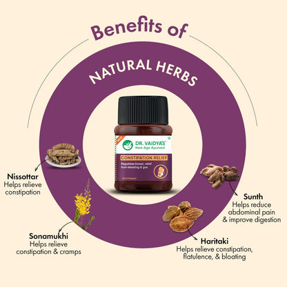 Dr. Vaidya's Constipation Relief Tablets | Improves Digestion & Regulates Bowel Movement | Sonamukhi, Haritaki & Sunth | (30 Tablets)