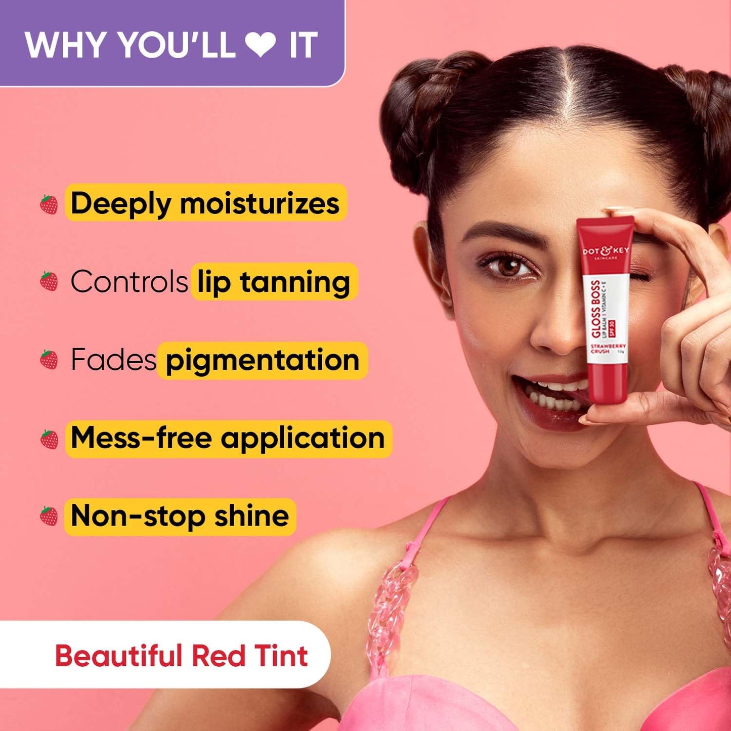 Zephivo Dot & Key Strawberry Lip Balm (12gm) for Moisturization | Soft and Naturally Pink Lips |Tinted Lip Balm with SPF 30 & Vitamin C + E | Lipbalm for Dry & Dark Lips | Lip Balm for Women
