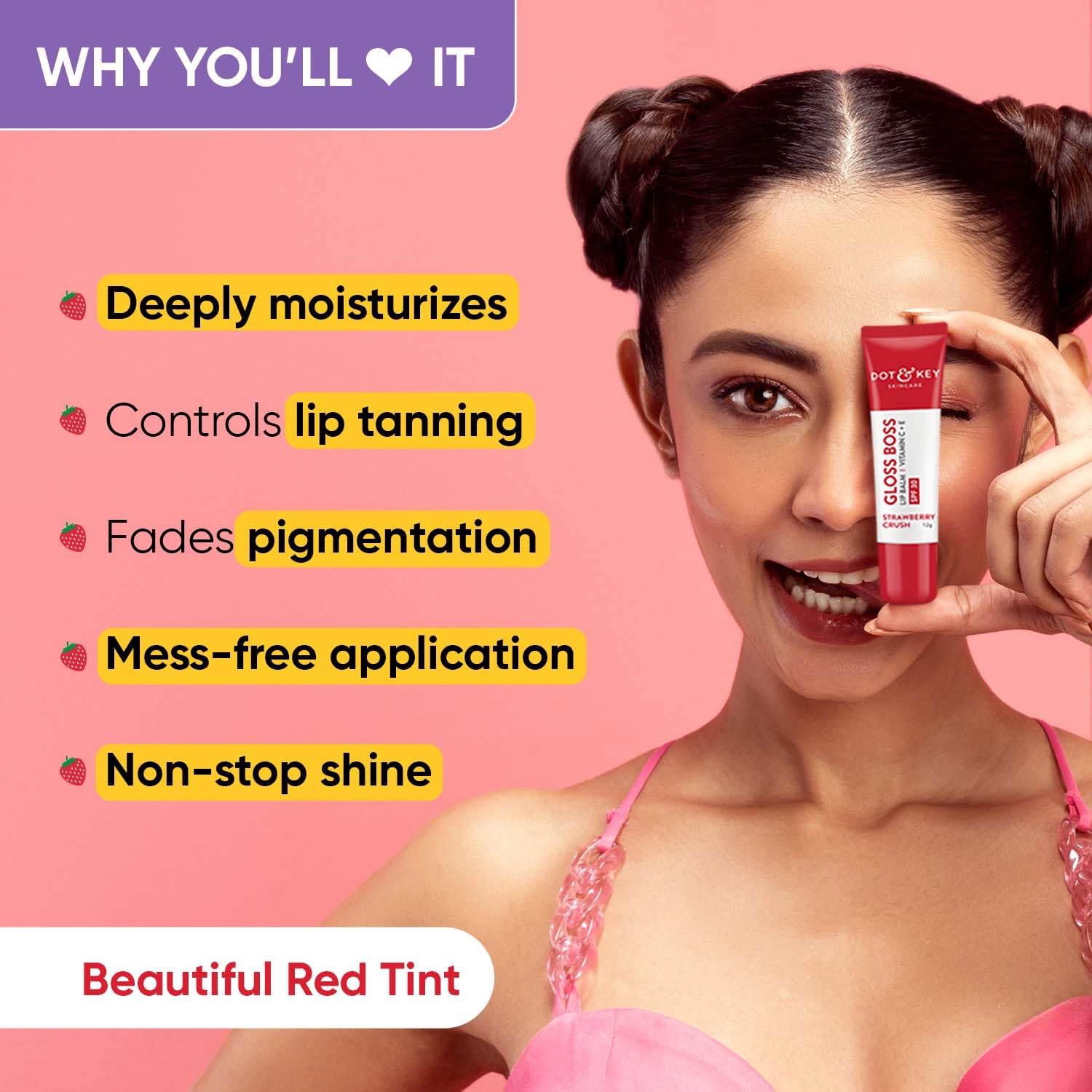 Zephivo Dot & Key Strawberry Lip Balm (12gm) for Moisturization | Soft and Naturally Pink Lips |Tinted Lip Balm with SPF 30 & Vitamin C + E | Lipbalm for Dry & Dark Lips | Lip Balm for Women
