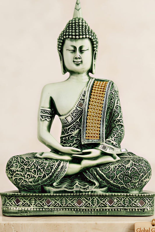 New Limited Edition 25 Centimetre Meditating Sitting Buddha Idol Statue showpiece Home Decor Decoration Items for Living Room and Gifts (Antique Green White)