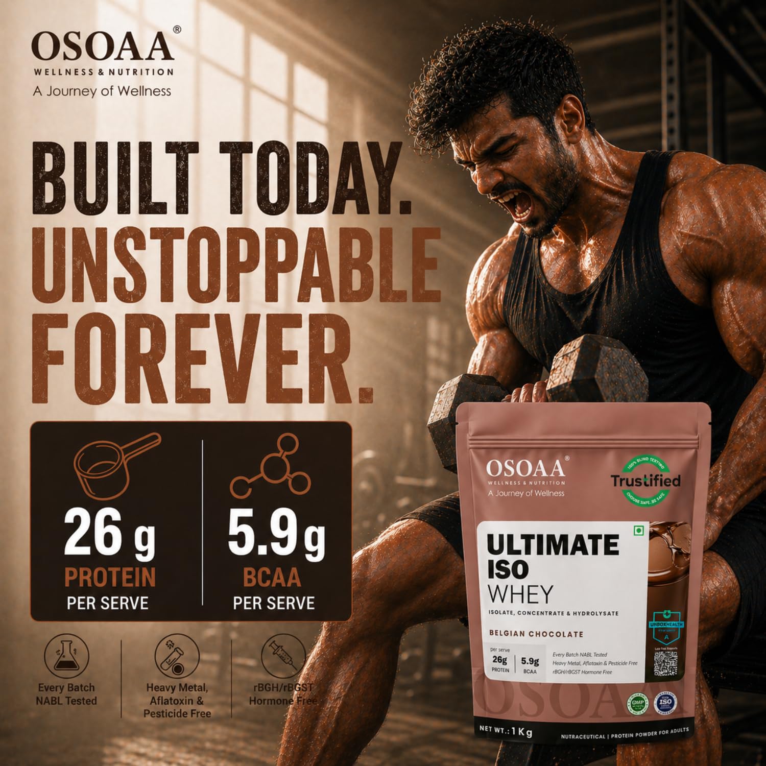 OSOAA protein supplement packaging with a muscular person in a gym setting, emphasizing protein content and brand trust.