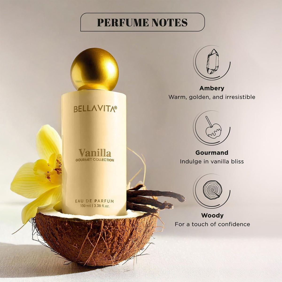 Bellavita Vanilla perfume bottle with coconut and orchid on a light background