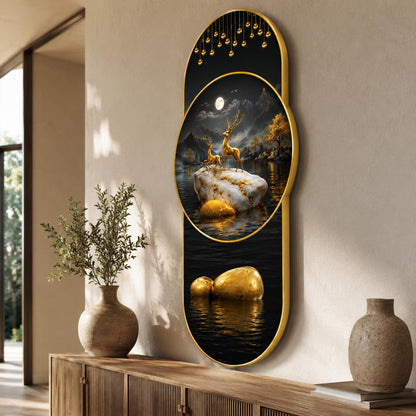 Golden Deer Lake Landscape Wall Painting for Living Room, Dining Room & Bedroom Decor, Black Gold Nature Artwork with Moon & Premium PVC Golden Frame (16 x 35 Inch)