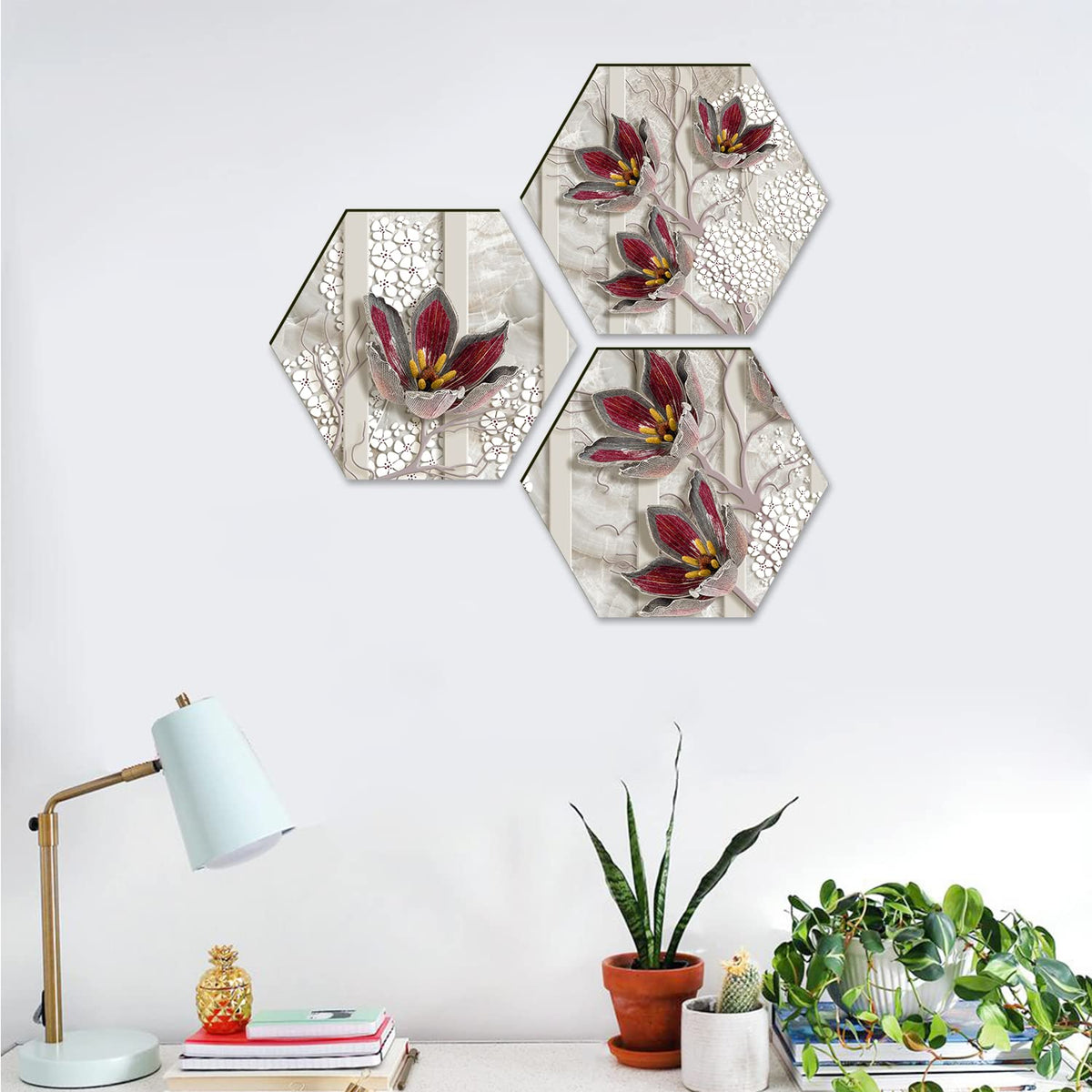 Floral Wall Painting For Living Room Hexagonal Set of 3 (C)