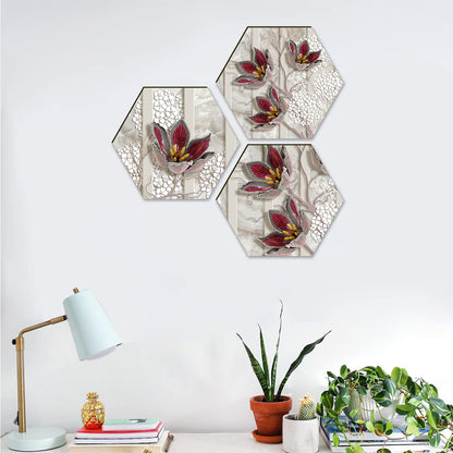 Floral Wall Painting For Living Room Hexagonal Set of 3 (C)