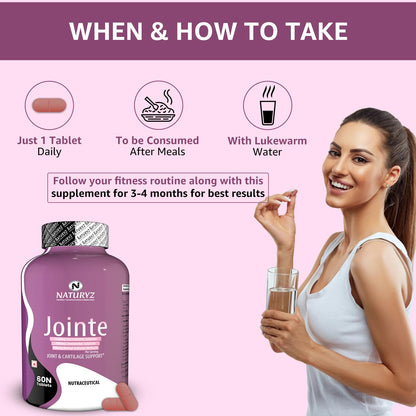 Supplement bottle labeled 'Naturzy Jointe' with a woman holding a glass of water on a pink background.