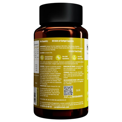 HealthKart hk vitals Salmon Omega 3 (60 Capsules) | 1000mg Omega 3 Fish Oil For Men and Women with 180mg EPA & 120mg DHA | For Joints, Brain, and Eyes Health