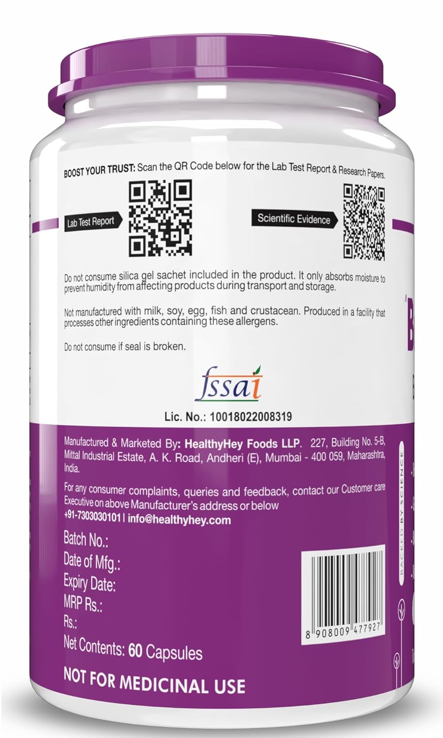 Supplement container with purple lid and label on a white background