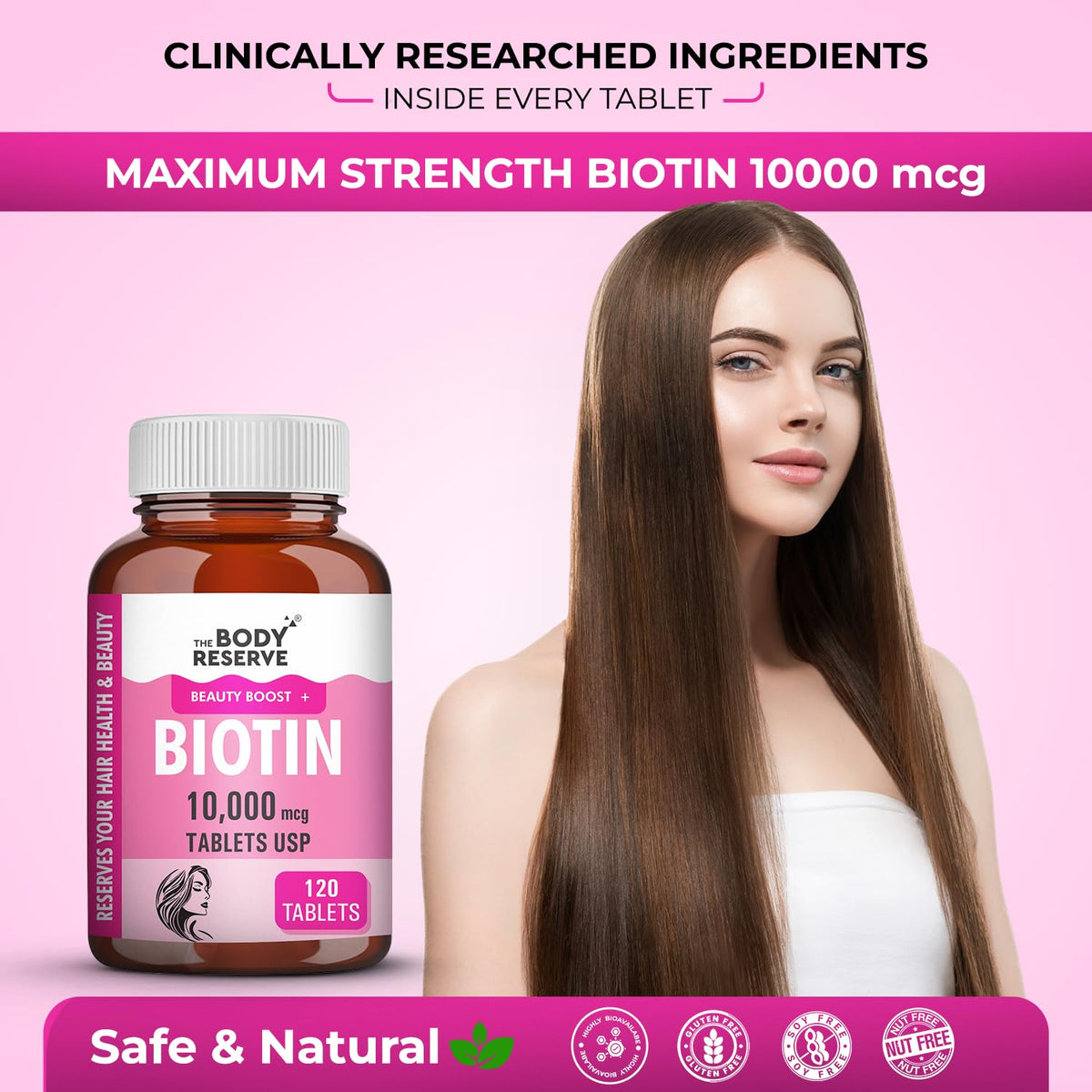Biotin supplement bottle with a woman having long hair on a pink background