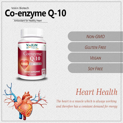 Vokin Biotech Co-enzyme Q-10 supplement bottle with heart illustration on a light gray background
