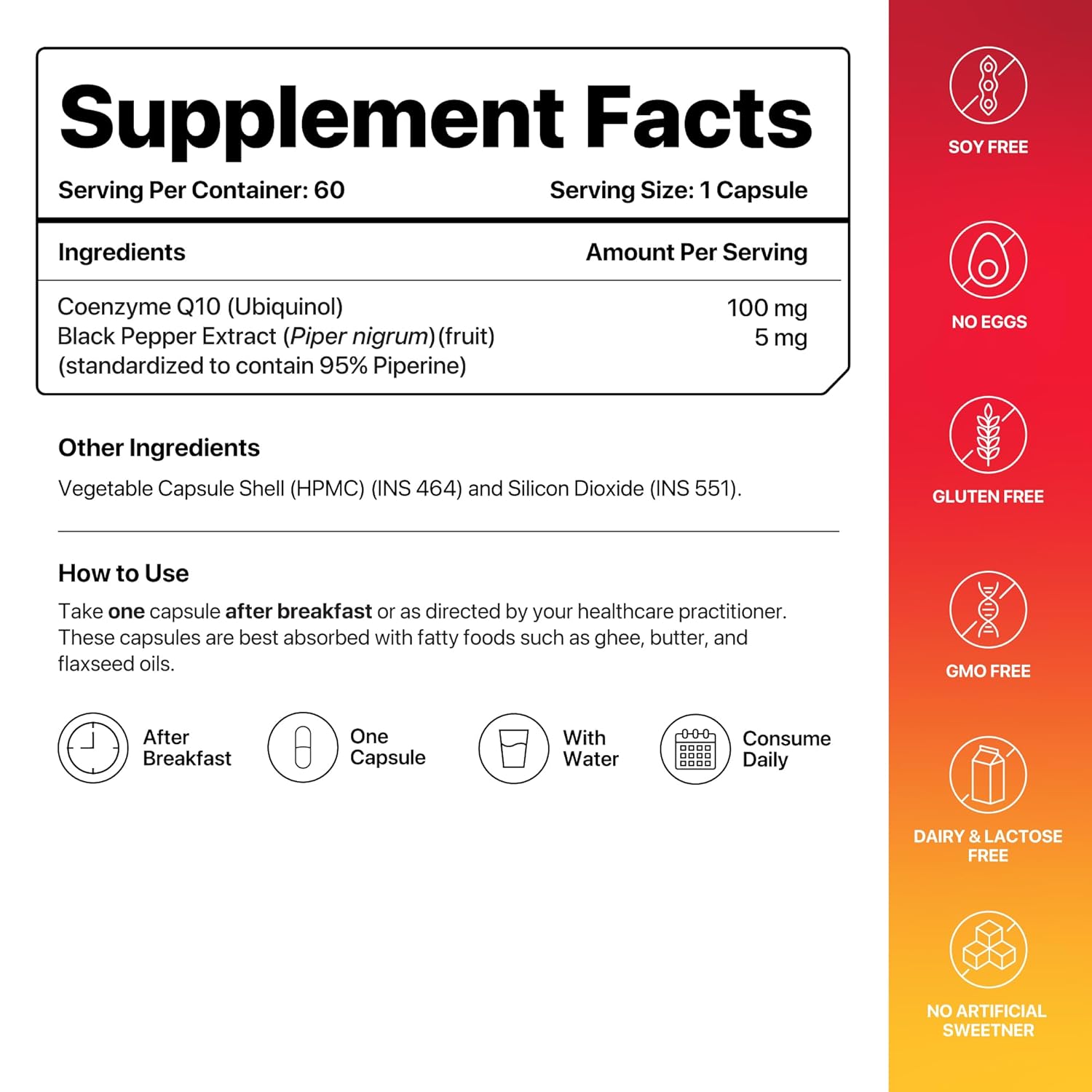Supplement facts label with Coenzyme Q10 and Black Pepper Extract on a white background