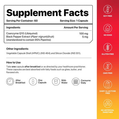 Supplement facts label with Coenzyme Q10 and Black Pepper Extract on a white background