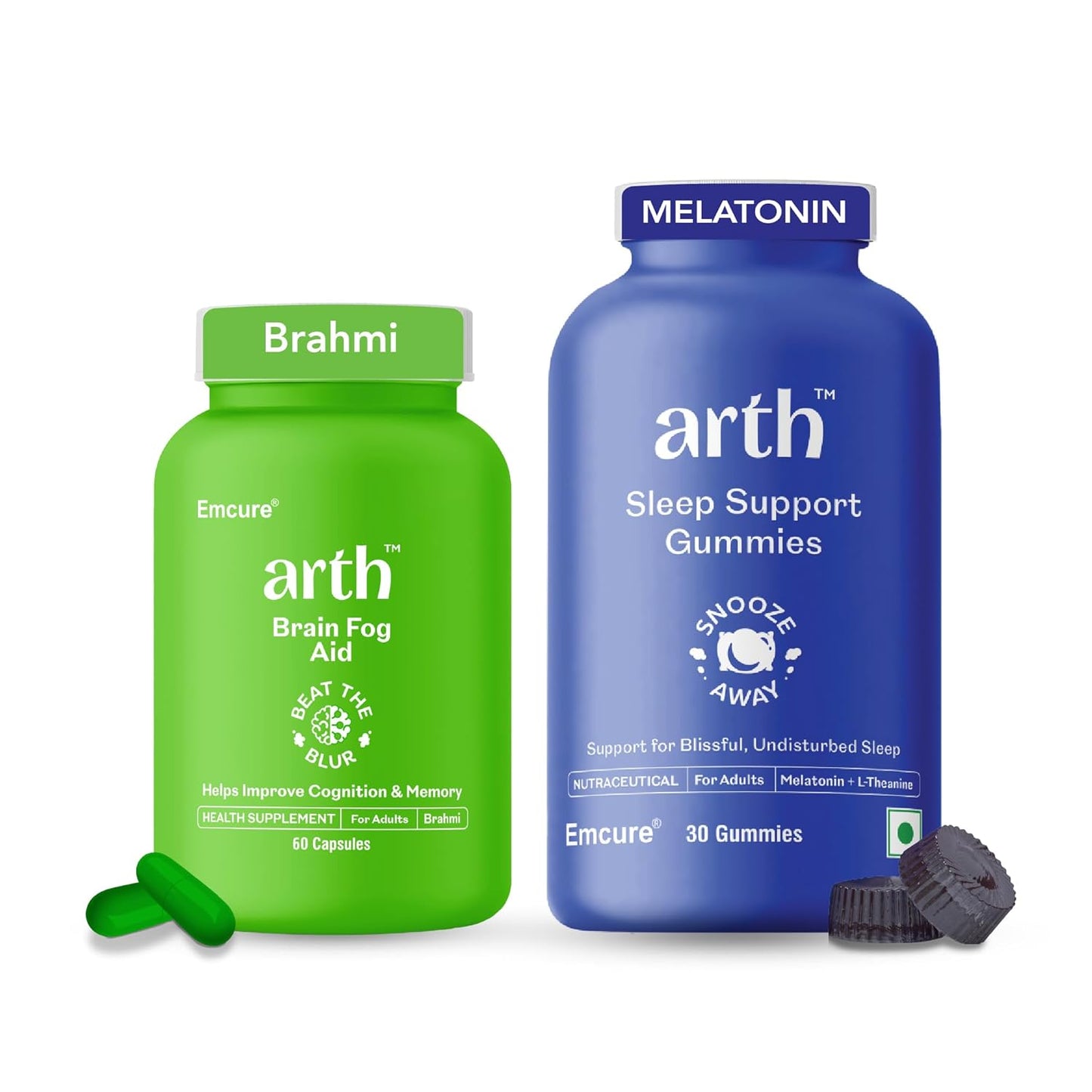 Arth Brahmi & Sleep Support Combo for Men & Women | Focus in Day, Deep Sleep at Night | Brahmi 30 Capsules for Memory, Focus & Mental Clarity + Melatonin 30 Sleep Gummies for Deep Sleep & Relaxation