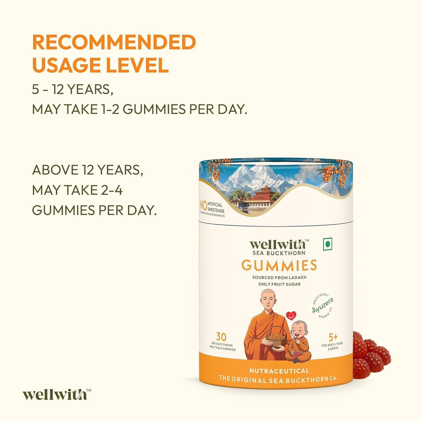 Wellwith Sea buckthorn Gummies for kids and adults, Vitamin C Rich, multivitamin supplement, Immunity (60 Gummies,Pack of 1)