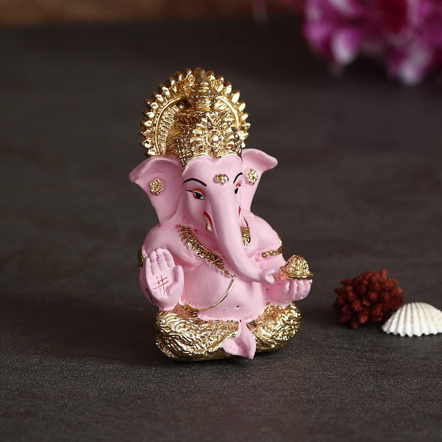 eCraftIndia Golden and Pink Polyresin Lord Ganesha Idol for Home, Temple, Office, and Car Dashboard - Gift for Family, Friends, Colleagues - Suitable for Ganesh Chaturthi, Diwali, Housewarming