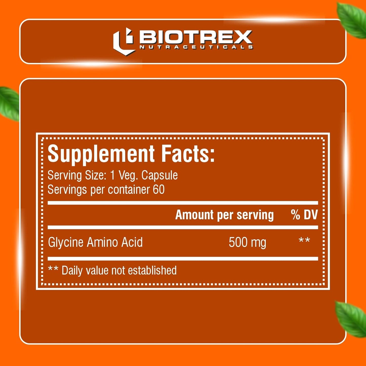 Biotrex Nutraceuticals Glycine Amino Acid 500mg | Support Muscle, Brain and Sleep Health | Better Immune System, Metabolic & Digestive Health | Lab Tested | 60 Veg Capsules