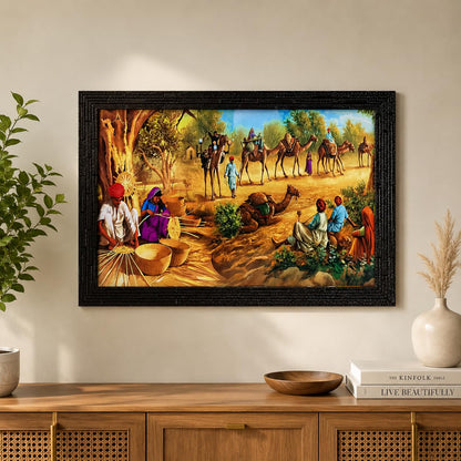 Wood Village Scene Art Framed Painting| Ready To Hnag - (13.5 X 19.5 Inch, Multicolor)