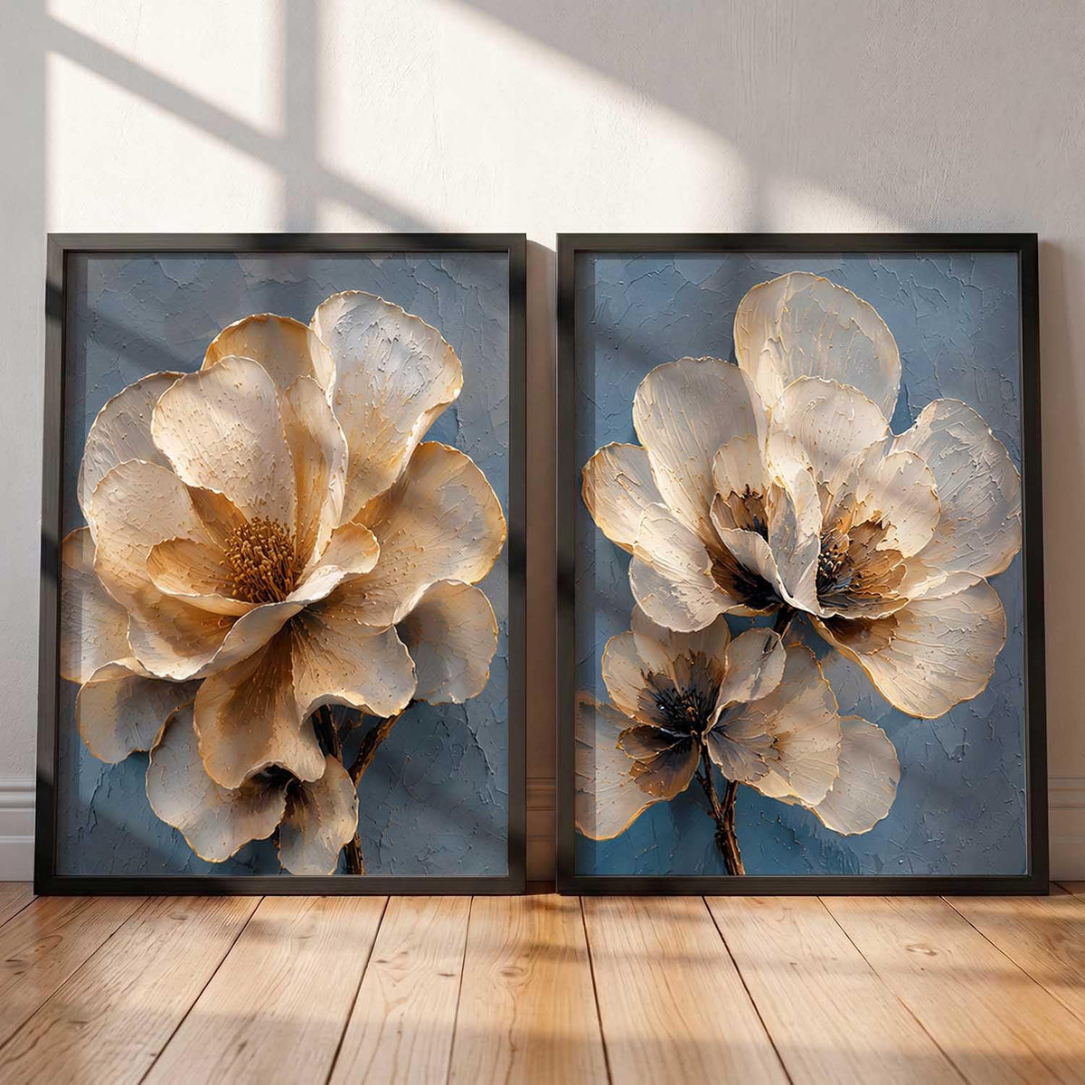 2 Piece Framed Wall Art Set, 3D Textured Floral Botanical Painting, Modern Abstract Flower Wall Decor for Living Room Bedroom Dining Room Office, Ready to Hang, Ideal for Housewarming Gift (design 1, 13X19, Black)