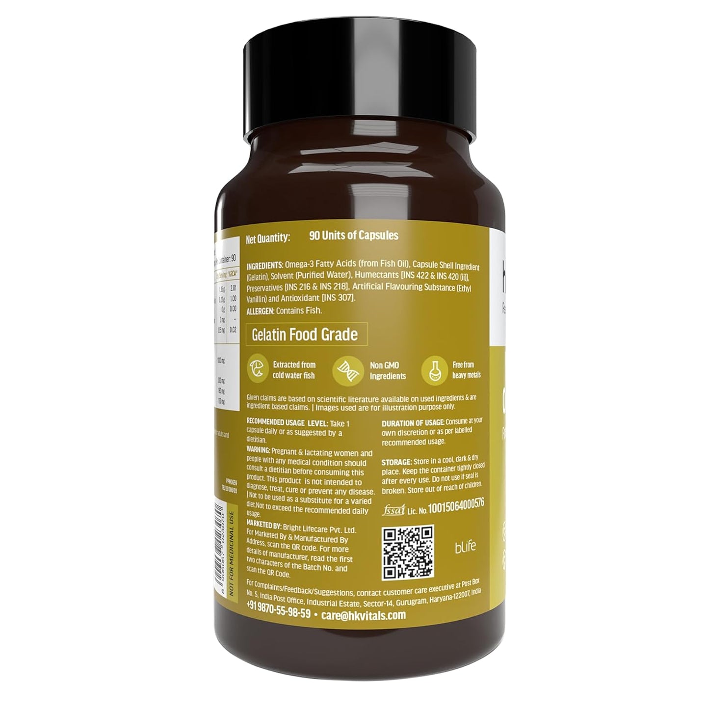 Hk vitals Omega 3 (90 Fish Oil Capsules) | 1000mg Omega 3 with 180mg EPA & 120mg DHA | For Brain, Heart, Eyes, and Joints Health