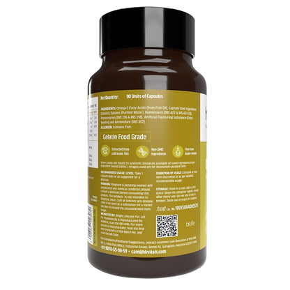 Hk vitals Omega 3 (90 Fish Oil Capsules) | 1000mg Omega 3 with 180mg EPA & 120mg DHA | For Brain, Heart, Eyes, and Joints Health