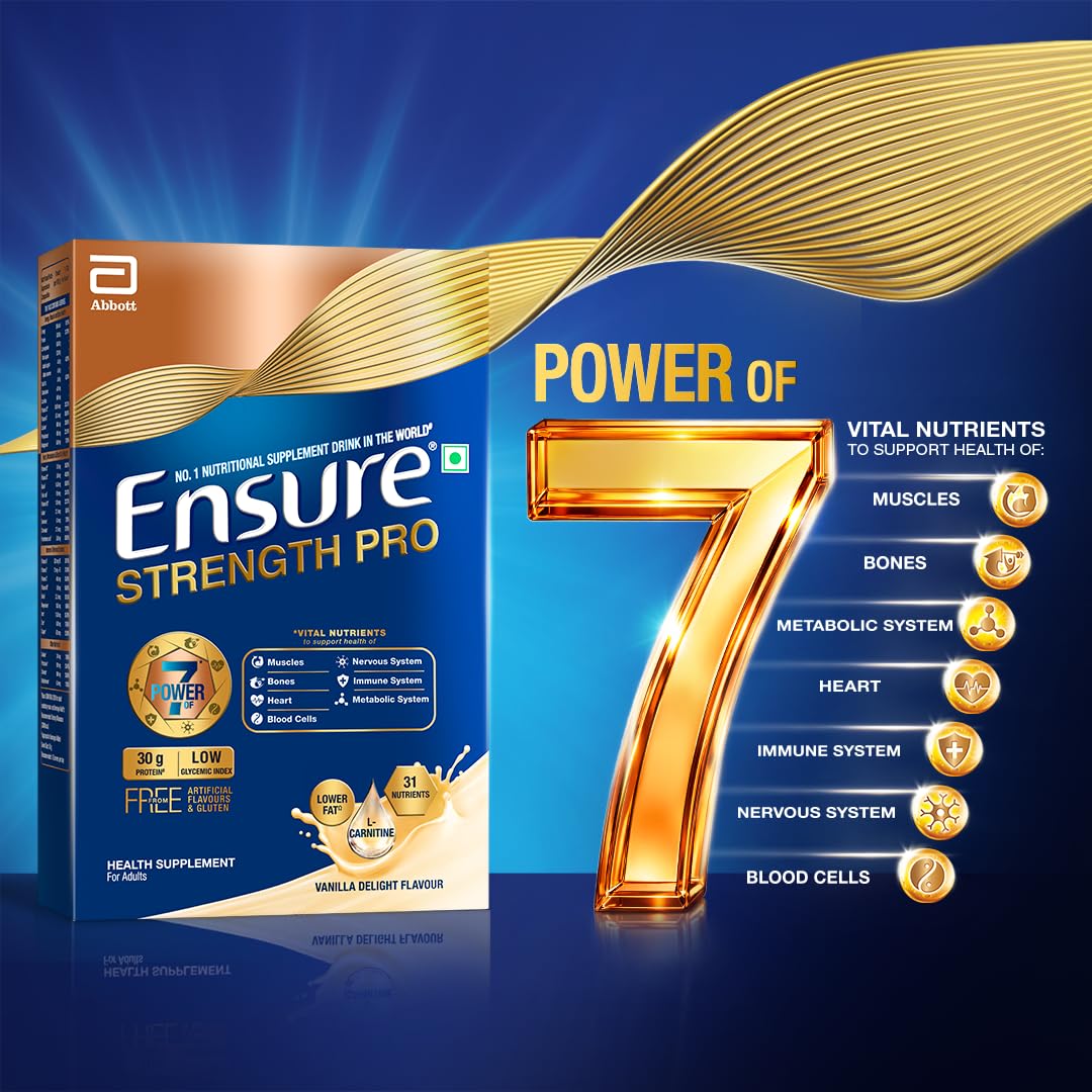 Ensure Strength Pro High Protein Nutritional Drink for Adults | Vanilla Delight 400g | 30g Protein | Low GI | Gluten Free | L-Carnitine | No Artificial Flavors | Supports Muscles, Bones, Heart, Immunity & Metabolic Health