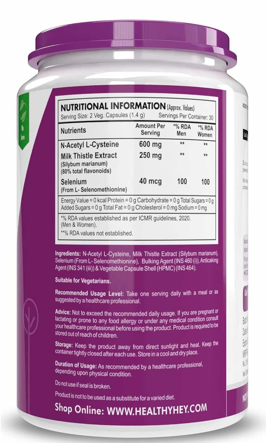 Supplement container with purple lid and nutritional information label on a white background