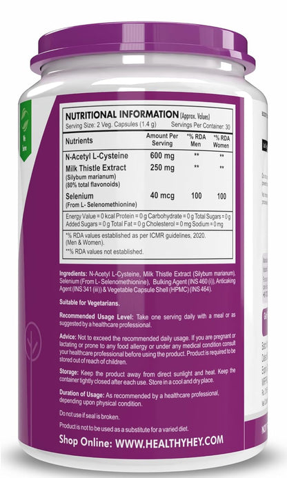 Supplement container with purple lid and nutritional information label on a white background