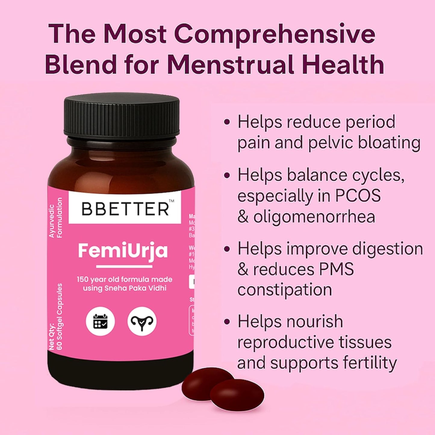BBETTER FemiUrja | Ayurvedic Menstrual Health Support with Saptasaram Ghrutham – Hormonal Balance, PMS Relief & Digestive Support – 60 Softgels